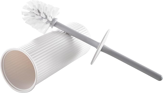 Decorative Plastic Toilet Bowl Brush and Holder Set, White (1 Pack) Cleaner Scrubber for Bathroom - Ribbed Design