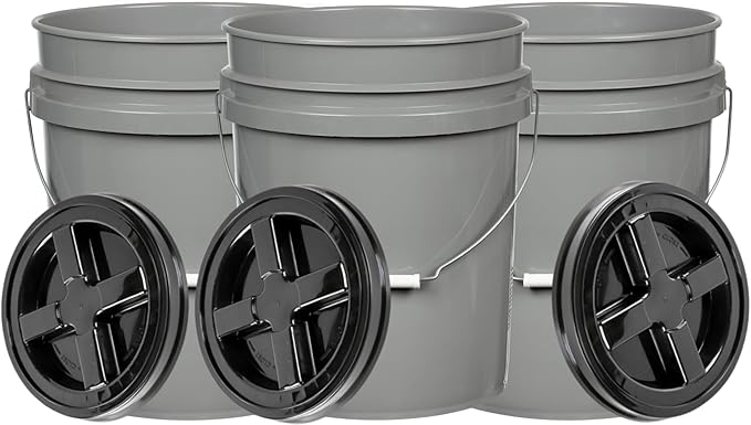 House Naturals 5 Gallon Grey Food Grade Bucket with Black Screw on Lid, BPA Free Container (Pack of 3) Made in USA