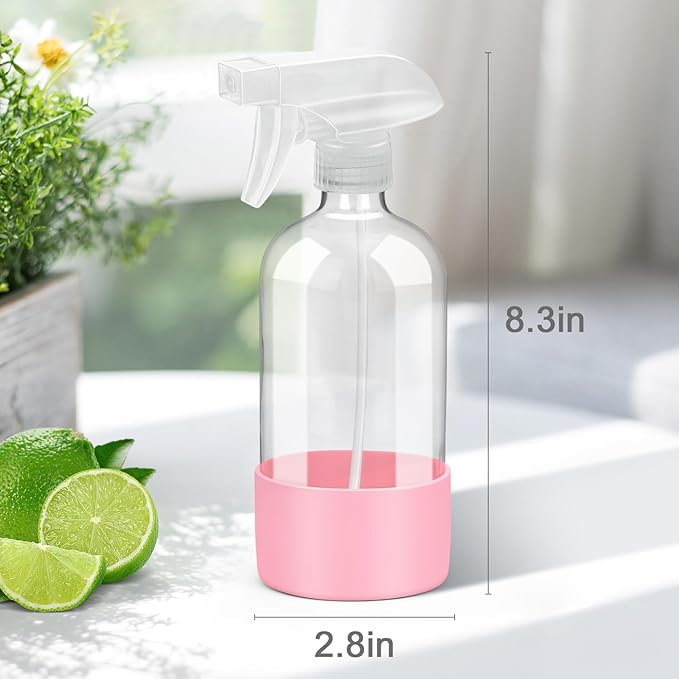 Glass Spray Bottles with Silicone Sleeve Protection, Empty 16 oz Refillable Containers, Reusable Spray Bottles with Adjustable Nozzle for Hair, Cleaning Solutions, 3 Pack Pink&Blue&Purple
