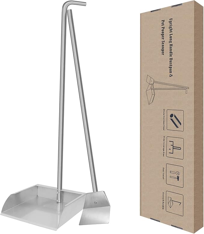 Stainless Steel Dustpan and Spade Poop Scoop Set,Extremely Durable Upright Standing Garbage Shovel for Pet Waste Cleanup,33.4 ‘’ Dust pan for Indoor Outdoor Cleaning Easy Wash
