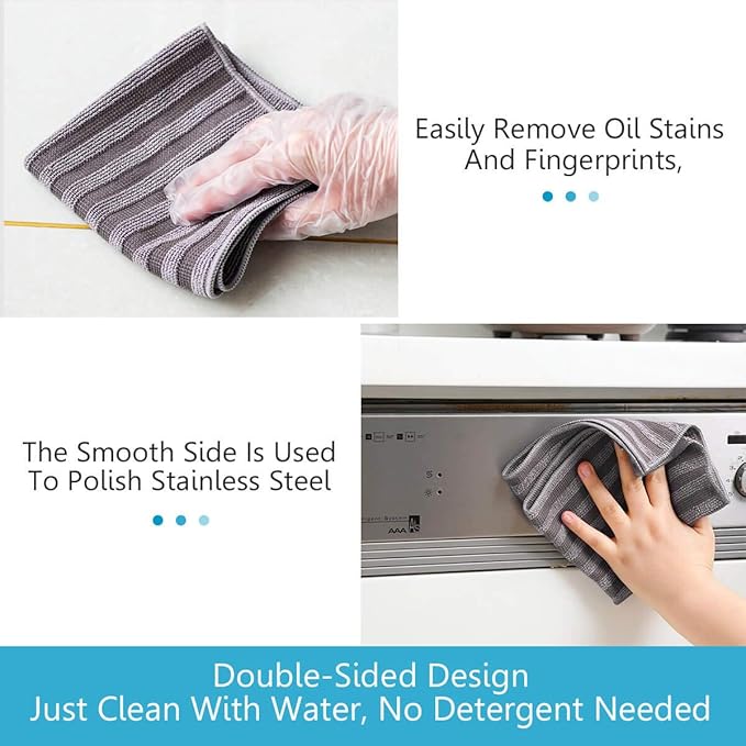 ZHIDIAN Stainless Steel Microfiber Cloth Double-Sided Cleaner Rag, Non-Scratch Scrub Cleaning Polishing Towel for Appliances, Kitchen Reusable Fridge Wipes, Gray Stripe, 8Pack, 12x12Inch
