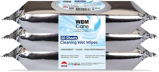 WBM Care Cleaning Wipes, Thick & Strong for Easy Cleaning, Flip Top Dispenser, Unscented and Convenient, For all Types of Surfaces, Wet Wipes, 50 Sheets (Pack of 3) (8251A-3PCS)
