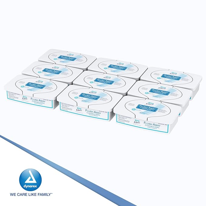 Dynarex DynaCare Flushable Wipes, Bathroom Hygiene Wipes for Adults, Alcohol Free, Safe for Sewers and Septic Systems, 9” x 13” wipes, 1 Case of 9 Tubs (60 Wipes per Tub) [Packaging May Vary]