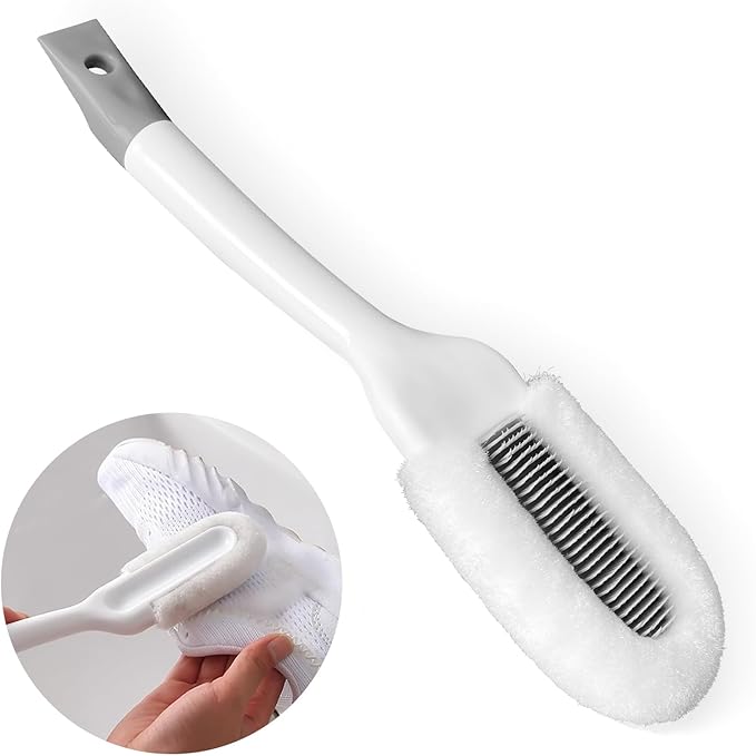 Soft Bristle Shoe Brush for Sneakers & Boots - Long Handle Ergonomic Scrubber with Hanging Hook, Gentle Cleaner for Leather, White Soles and Mesh Shoes