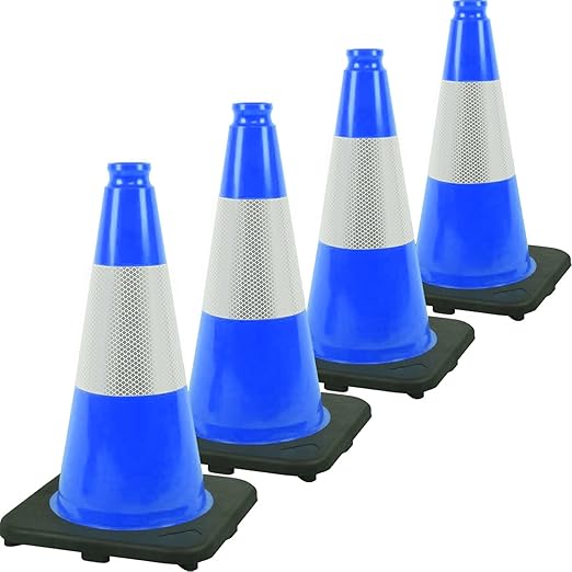 Fluorescent Orange/Green PVC Traffic Cones, Heavy Black Base Parking Lot Cone Structurally Stable Weatherproof Road Construction Safety Cones (4, Blue, 18" Medium)
