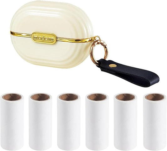 Handy Double-Sided Travel Lint Roller with Hand Strap, 7-Fill Luxury Clothing Bag Dust Fluff Adhesive Reusable Mini Extra Adhesive Dog Cat Pet Adhesive, Small Pocket Reusable Lint (White)