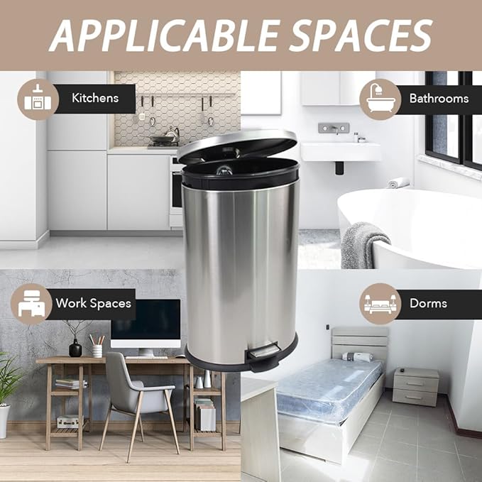 Trash Can with Lid - Assembled in USA 40 Liter/10.5 Gallon Stainless Steel Trash Can with Odor Protection Kitchen Garbage cans with Soft-Close Foot Pedal for Bathroom Home Office, Silver