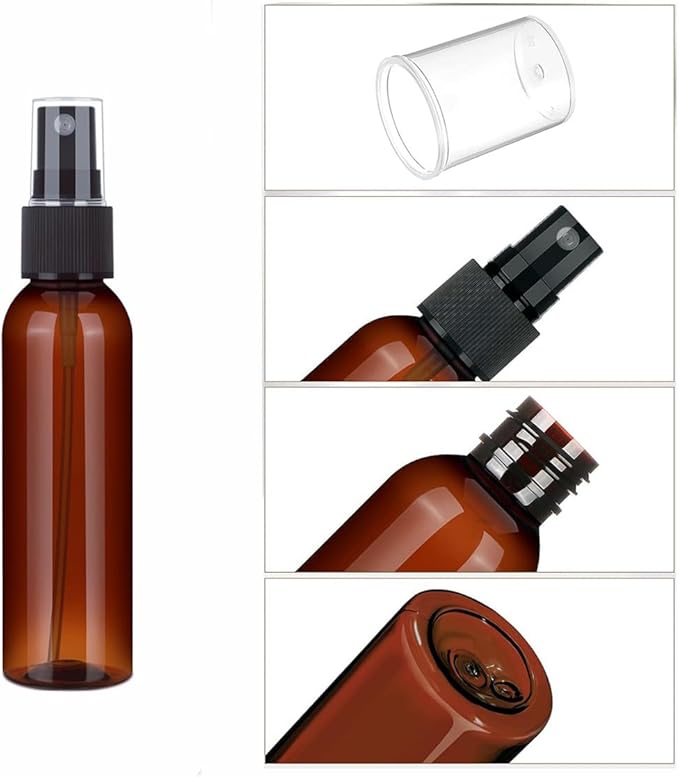 SINIDE Plastic Spray Bottles 100 ml/3.4 oz, Amber Fine Mist Mini Travel Bottle Set, Portable Refillable Makeup Sprayer Containers for Perfume, Liquids, Aromatherapy, Cleaning Solution (4 Pack)