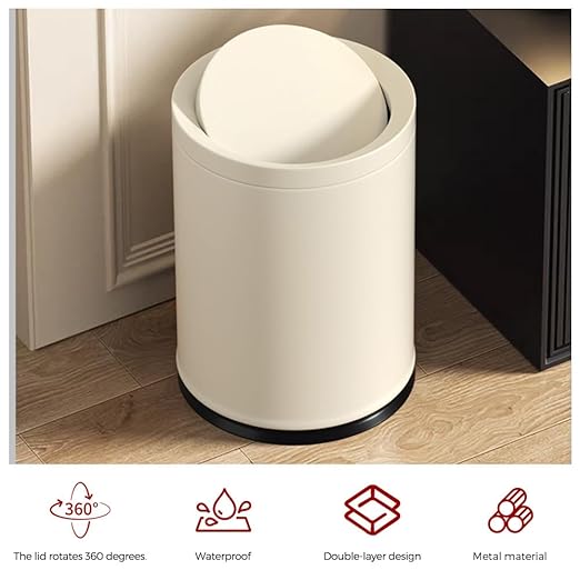 2.4GAL Off White Metal Garbage Can, Double-Layer with Inner Layer,Small Bathroom Trash Can with FILP Lid for Bedroom,Office,Hotel,Bank
