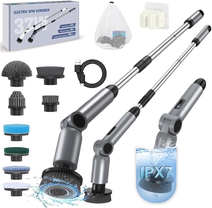 Electric Spin Scrubber, [IPX7 Waterproof ] [50KG Torque] Shower Scrubber with 9 Brush Heads, 2 Speed Mode, 4 Adjustable Angles, Electric Brush for Cleaning for Bathroom Floor Tile (Gray)