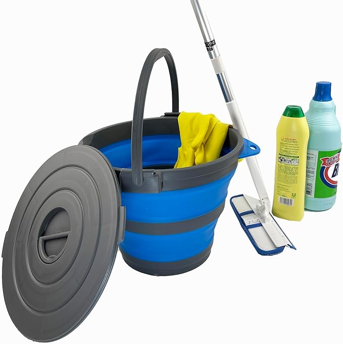 SAMMART Set of 2-10L (2.64Gallon) Collapsible Fishing Bucket Locking Lid, 31cm Dia. (2, Grey/Blue)