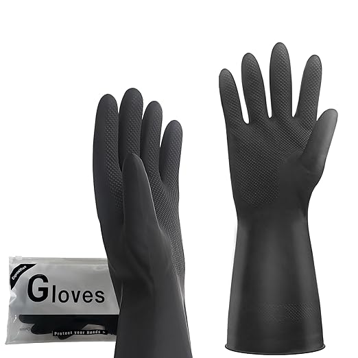 Black Thick Rubber Cleaning Gloves - 2 Pairs of Extra-Large, Reusable, Non-Slip, Heavy-Duty, Waterproof Gloves for Dishwashing and Kitchen Cleaning