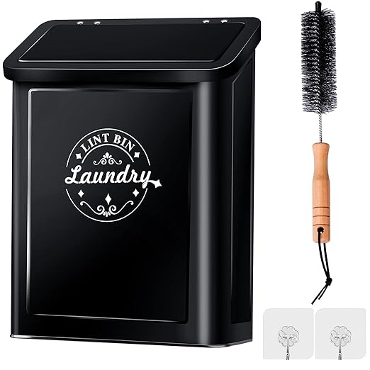 Magnetic Lint Bin for Laundry Room Organization and Storage with Brush, Wall-Mounted Laundry Dryer Lint Bin for Laundry Room Decor, Space-Saving Laundry Trash Can (Black)