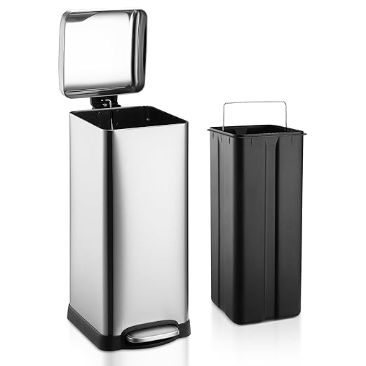 8 Gal/30L Slim Trash Can, Rectangular Step-On Stainless Steel Garbage Can, Soft-Close Lid, Anti-Fingerprint Surface, Recycling Bin with Removable Inner Basket, for Kitchen Dining Room, Silver