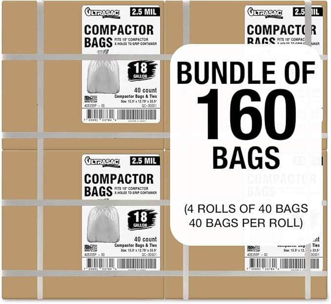 Ultrasac 18 Gallon Compactor Bags (160 Pack with Ties) For 18 Inch Compactors - 28.25" x 33.5" Heavy Duty 2.5 MIL Garbage Disposal Bags Compatible with Whirlpool