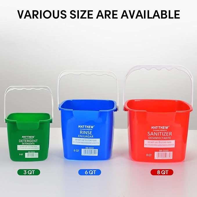 Matthew Detergent&Sanitizing Cleaning Bucket 3 Quart Plastic Pail,Set of 12 Square Containers,Built-in Spout w/Handle,Wash Rinse Sanitize Handwash Bucket for Home Office Commercial Restaurant (Green)