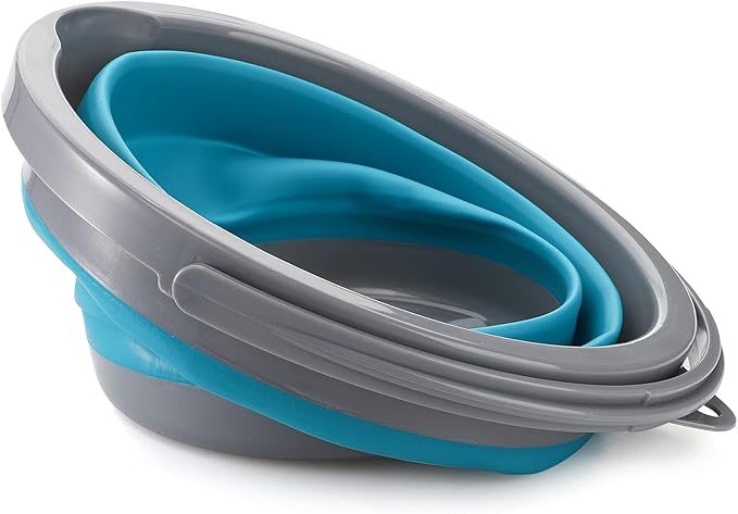 Bekith 2 Pack Collapsible Plastic Bucket with Locking Lid, 5L / 1.32 Gallon Foldable Round Tub Portable Fishing Water Pail for Hiking, Backpacking, Camping and Outdoor Survival (Blue, Gray)