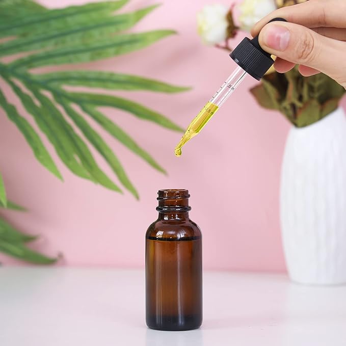 1 oz Dropper Bottle 24 Pack Amber Glass Boston Bottles 30ml with Eye Droppers Black Caps for Essential Oils, Perfume, Leak Proof Travel Bottles for Liquids