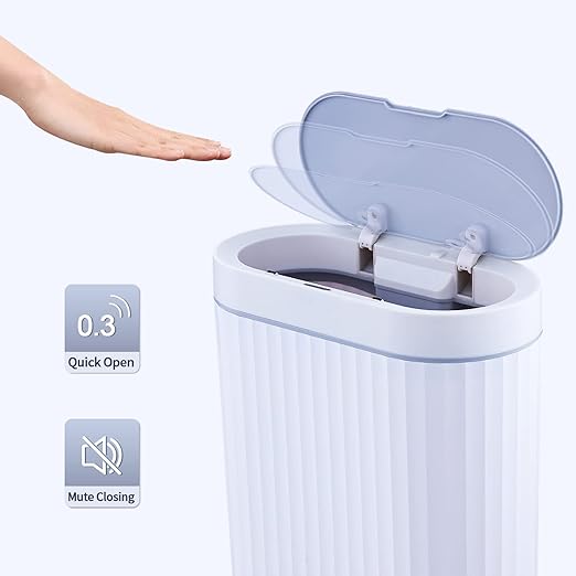 ELPHECO Bathroom Trash Can with lid - 2.5 Gallon Waterproof Sensor Trash Bin, 10 Liter Motion Sensor Trash Can, Slim Garbage Bin Bathroom Decor White with Grey Trim