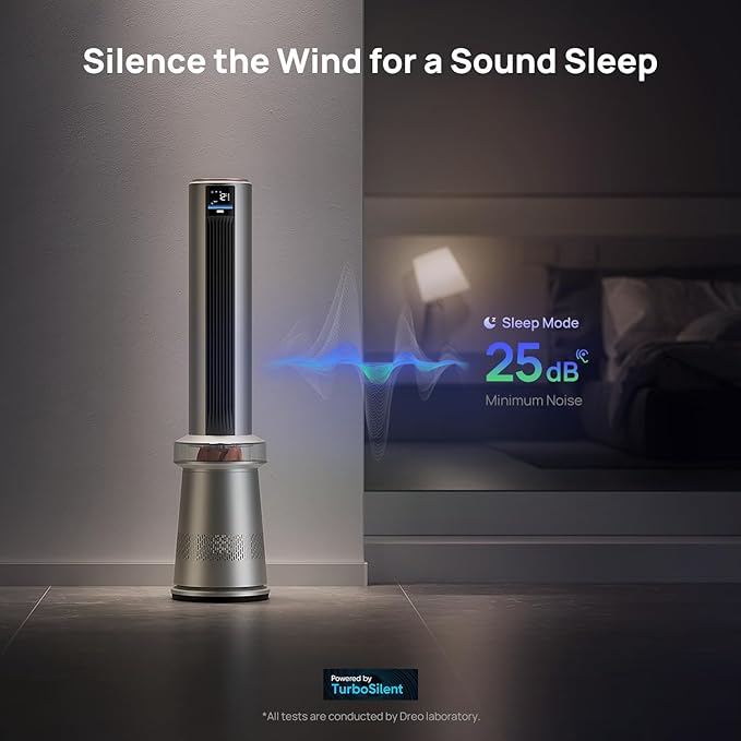 Dreo Air Purifier Tower Fan, 45" 2-in-1 Smart Fan for Bedroom, 27ft/s Velocity, 120°Oscillation, 24H Timer Bladeless Fans for Home, 25dB Low Noise, Standing Fan Works with Alexa, MC710S, Silver Orange