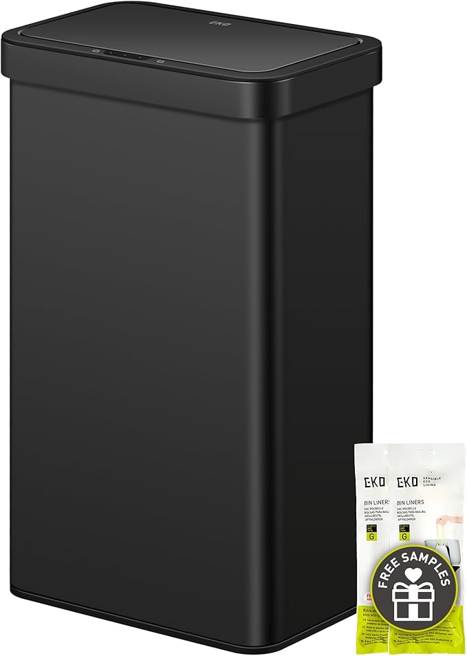 EKO Nova Sensor Trash Can, 21 Gallon/80 Liter Stainless Steel Rectangular Touchless Motion Sensor Trash Can, Matte Black