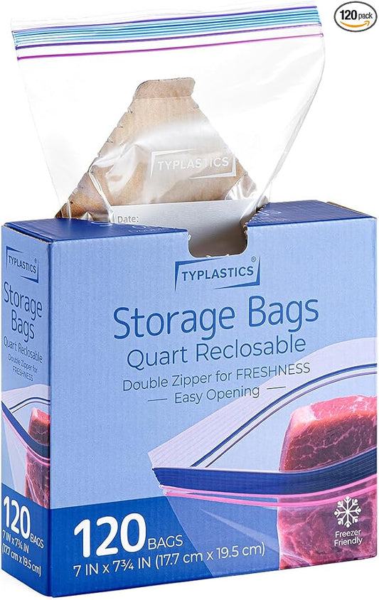 TYPLASTICS Quart Food Storage Zip Bags, 120 Count, Double Zipper, Easy Open Design, Reclosable