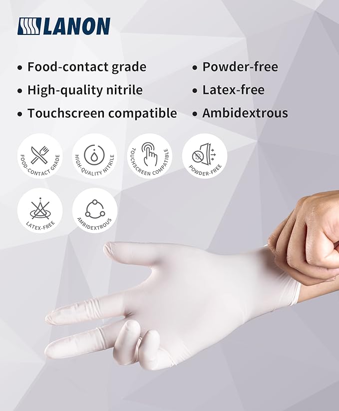 LANON Food Safe White Disposable Nitrile Gloves, Latex-Free, Powder-Free, Textured Fingertips, Cooking, Cleaning, Case, XL