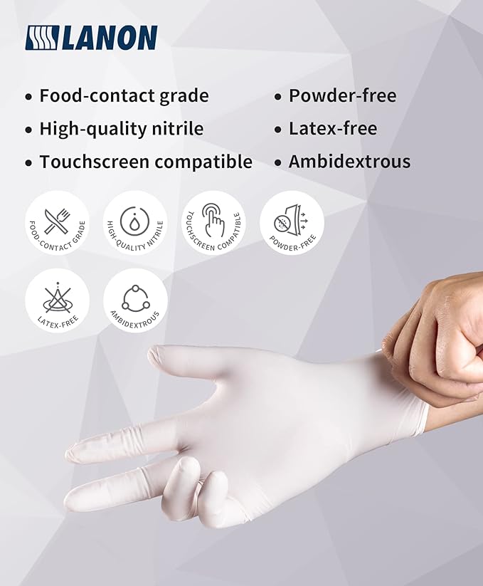 LANON Food Safe White Disposable Nitrile Gloves, Latex-Free, Powder-Free, Textured Fingertips, Cooking, Cleaning, XL
