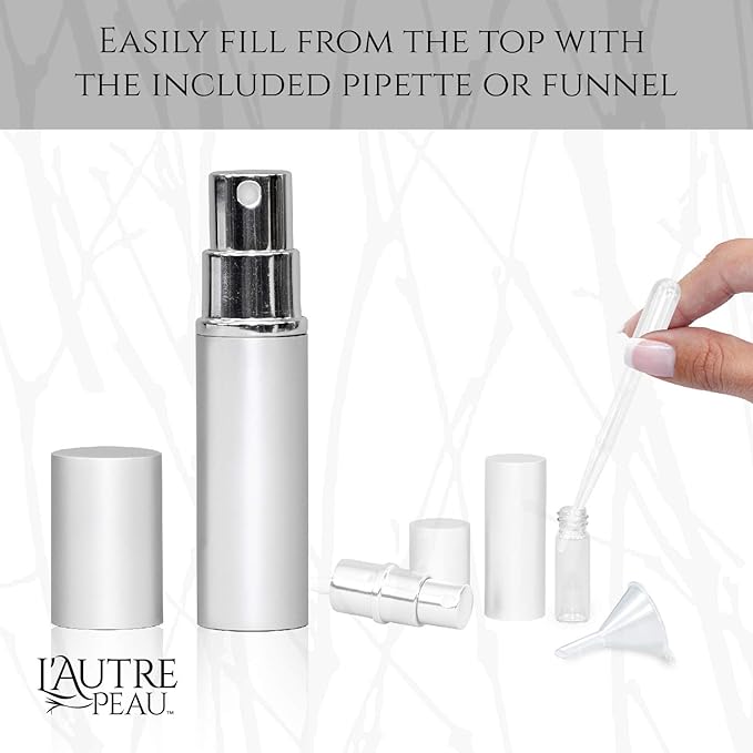 L'AUTRE PEAU Refillable Perfume & Cologne Fine Mist Atomizers with Metallic Exterior & Glass Interior - Portable Travel Size - 3ml Squeeze Transfer Pipette Included - 4 Pc Pack of 5ml (Silver)