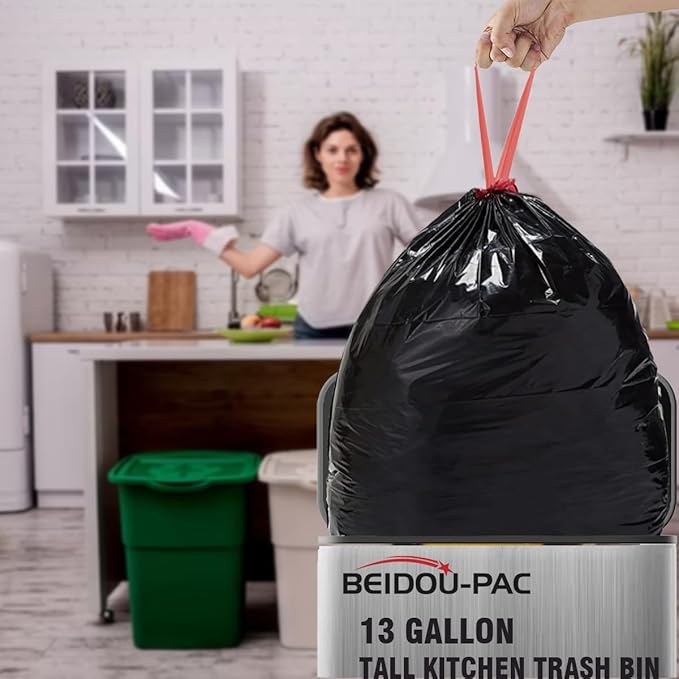 13 Gallon Trash Bags Drawstring, 200 Count Bulk, Black & Unscented Garbage Bags, Multi-purpose Tall Kitchen Trash Bags Can Liners for Business Home Commercial and Industrial