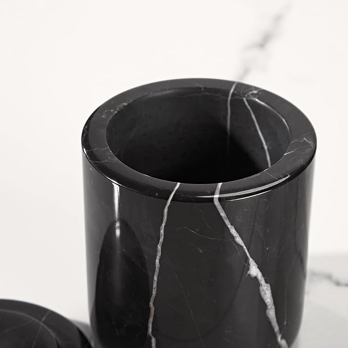 Black Marble Canister with Lid, Natural Marble Bathroom Qtip Holder Storage, 3.75 Inch Dia x 4.5 Inch Ht High Capacity Damp Proof Container for Cotton Swabs, Jewery, Bathroom Bath Salt