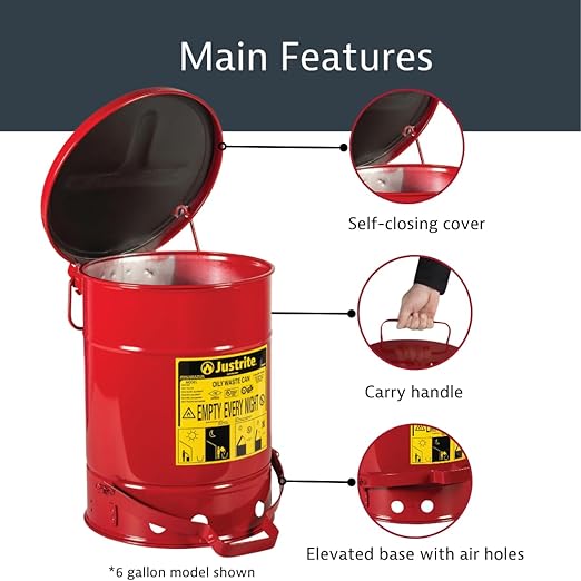 Justrite 6 Gallon Galvanized Steel Oily Waste Can, 16" x 12" Metal Oil Rag Safety Can with Quiet Foot-Operated Self-Closing Lid for Oil Rag Disposal, Made in The USA, Red, 09108
