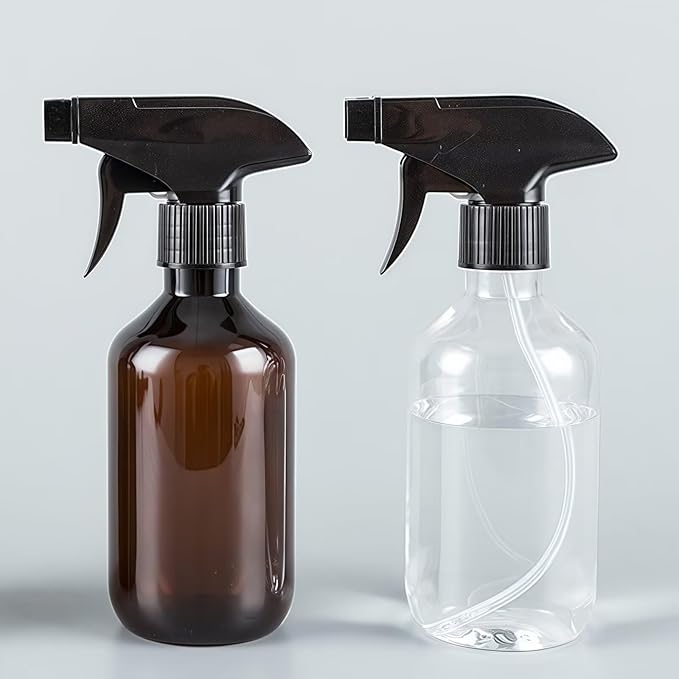 2 PCS Plastic Spray Bottles Set, 10oz/300ml Clear and Brown Refillable Container Empty Spray Bottle with Adjustable Head Sprayer and Stream for Cleaning Hair, Pet, Products, Plants