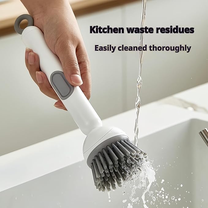 Adjustable Dish Brush with Soap Dispenser, Non-Scratch PET Bristles, Ergonomic Handle, Kitchen Cleaning Tool for Pots, Pans & Sink (Grey, Short Style-1 Piece)