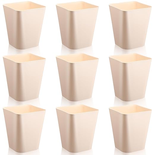 Hoolerry 9 Pieces Garbage Can 2 Gallon Small Trash Cans Bulk Bathroom Trash Bin Plastic Wastebasket Square for Bedroom Slim Bathroom Trashcan Small Container for Kitchen Office Home (Khaki)