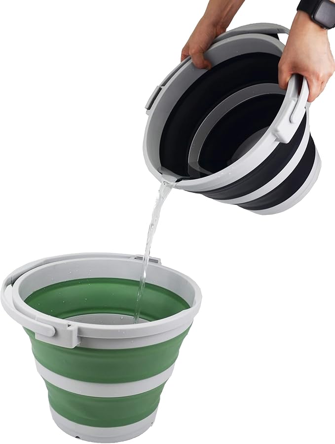 SAMMART 10L (2.64Gallon) Collapsible Fishing Bucket with Locking Lid - Portable Plastic Water Pail - Space Saving Outdoor Waterpot - Trunk Organizer for All Types of Vehicles (Grey/Dark Sea Green)