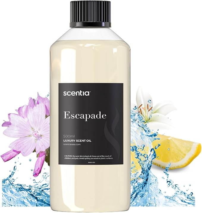 Scentia Hotel Diffuser Oil Inspired by 5-Star Hotel Scent - 500 ml 16.9 fl oz - Fragrance Oil Blend Botanical Jasmine & Marine Notes for Aromatherapy Diffusers - Escapade, Mothers Day Gift