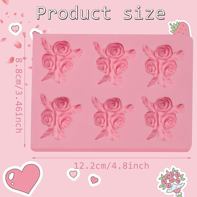 6-Cavity Rose Candy Silicone Mold, Cake Decoration Fondant Molds, for Wedding, Valentine's Day, Birthday Party, Anniversary Cupcake Topper, Chocolate, Cookies, Jelly, Flower Paste, Soap, Resin, Clay
