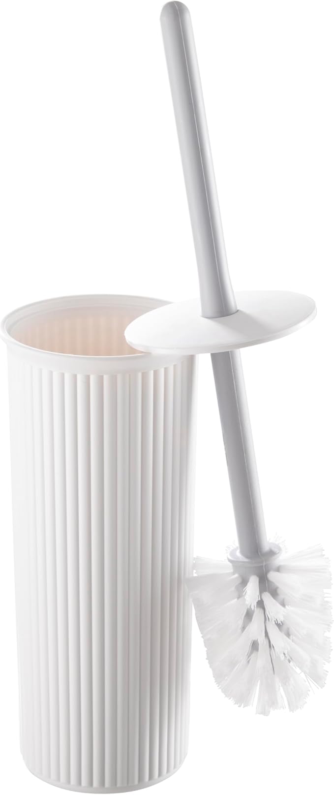 Decorative Plastic Toilet Bowl Brush and Holder Set, White (1 Pack) Cleaner Scrubber for Bathroom - Ribbed Design