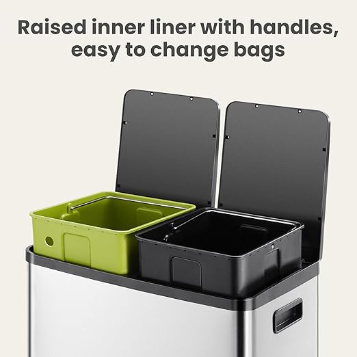 Elevon Kitchen Trash Can with Lid, 2 x 8 Gallon Garbage Can, with Soft-Close Foot Pedal and Removable Inner Bucket, 60 Liter Large Stainless Waste Bin for Bathroom Bedroom Home Office