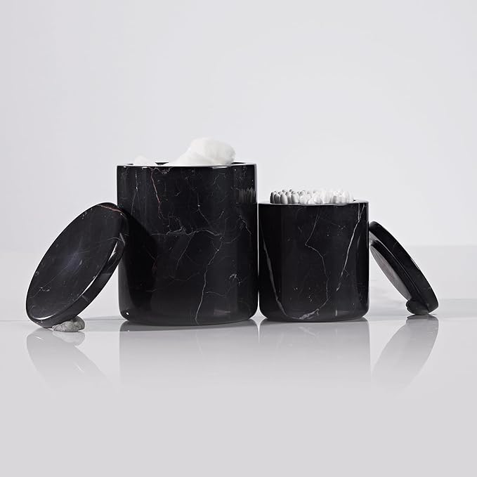 Black Marble Canister with Lid, Natural Marble Bathroom Qtip Holder Storage, 3.75 Inch Dia x 4.5 Inch Ht High Capacity Damp Proof Container for Cotton Swabs, Jewery, Bathroom Bath Salt