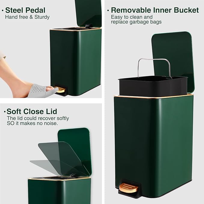 Small Bathroom Trash Can with Lid Soft Close, 1.8 Gallon Stainless Steel Garbage Can with Removable Inner Bucket,3PCS Soap Dispenser,75Count Trash Bag, Slim Step Pedal Trash Bins