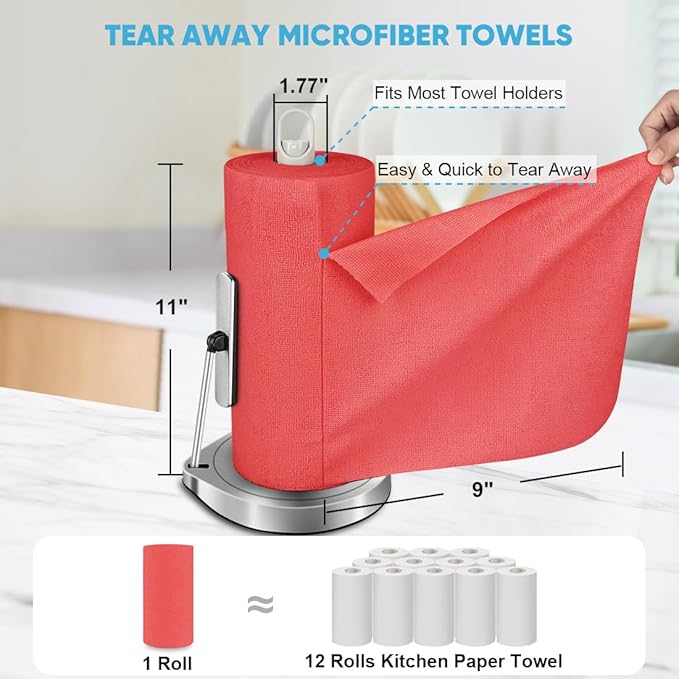 AIDEA Microfiber Cleaning Cloth Roll, Red Shop Towels 55 Sheets Washable, Microfiber Towels for Cars, Shop Rags Reusable Paper Towel for Automotive, Workshop, House, Kitchen, Cleaning Supplies11×9"