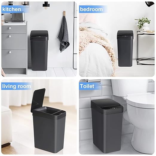 Bathroom Automatic Trash Can 4 Gallon Touchless Motion Sensor Small Garbage Can with Lid Smart Electric Plastic Narrow Garbage Bin for Living Room Bedroom Office Kitchen (Black)