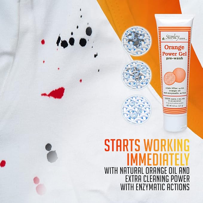Stanley Home Products Orange Power Gel Pre Wash - Laundry Stain Remover - Spot Treat Tough Stains Works Immediately Cleans and Deodorizes Fabrics Ideal for Blood Oil Grease and More