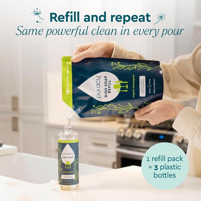 Puracy Natural Dish Soap Packs - Skin-Softening Plant-Based Dishwashing Soap, Non-Toxic Dish Soap, Organic Liquid Dishwashing Detergent Soap (Organic Lemongrass, 16 fl oz, 3 Pack)