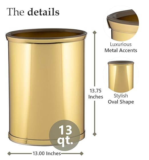 Kraftware Polished Brass Colored Mylar Designer 14” Oval Wastebasket for Home & Office