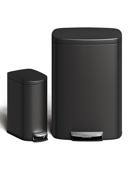 Garvee 13 Gal (50L) and 2.6 Gal (10L) Metal Trash Can Combo Set, Rustproof Garbage Can with Lid, Step-on Trash Bin with Inner Bucket, Rear Handle, Black