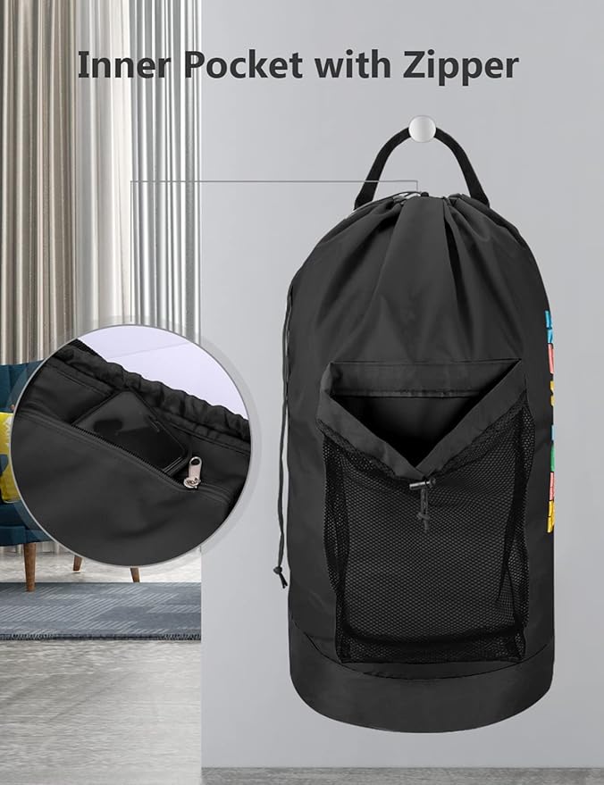 Dalykate Backpack Laundry Bag, Laundry Backpack with Shoulder Straps and Mesh Pocket Nylon Clothes Hamper Bag with Drawstring Closure