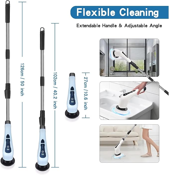 Electric Cleaning Brush Spin Scrubber, Cordless Cleaning Brush with 7 Replaceable Brush Heads. 2 Speeds Power Scrubber Brush for Floor,Kitchen, Bathroom, Tub, Floor, Tile,Adjustable Long Handle